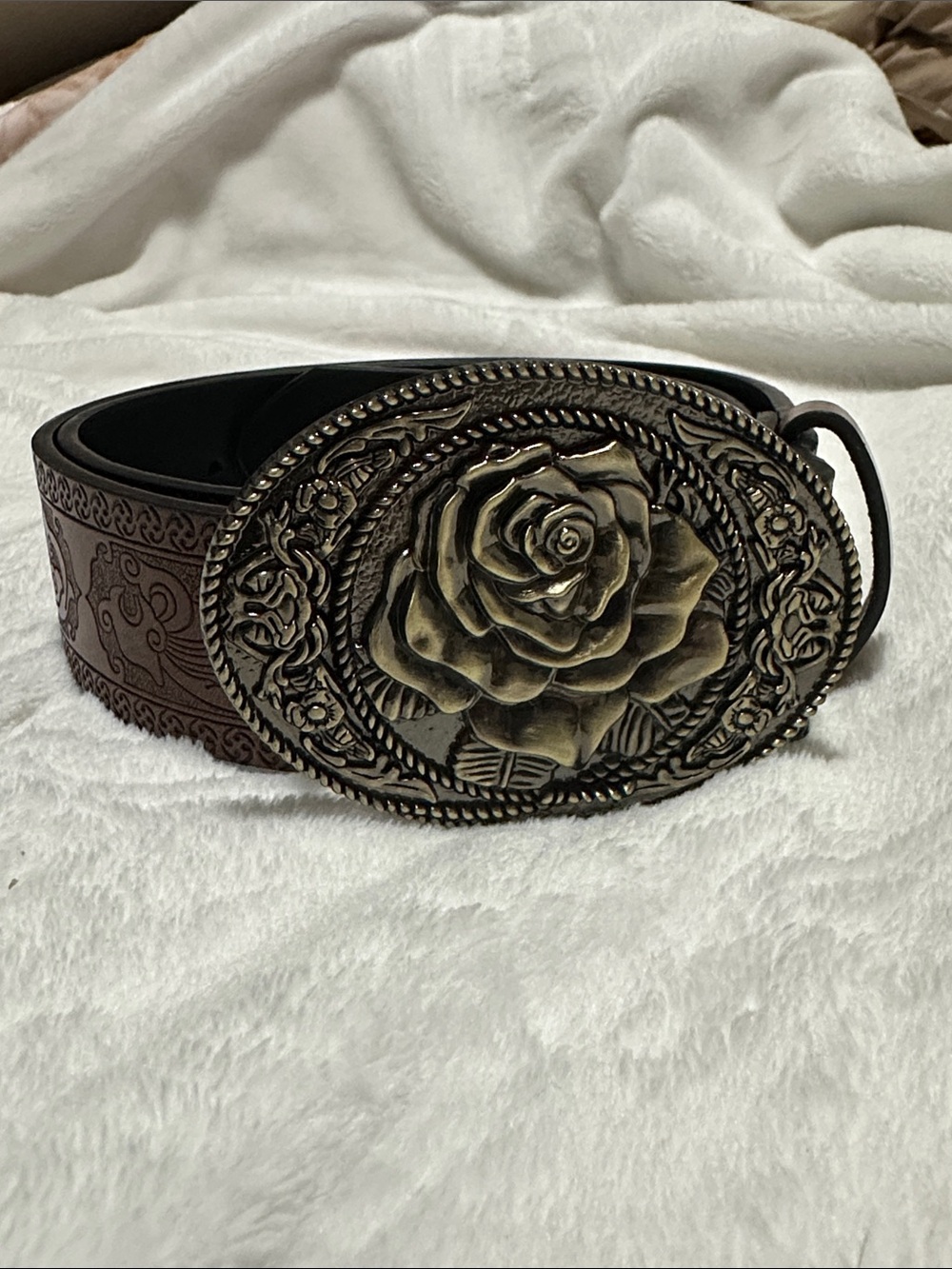 Vintage Bronze Rose Buckle Western Brown Tooled Leather Belt Small